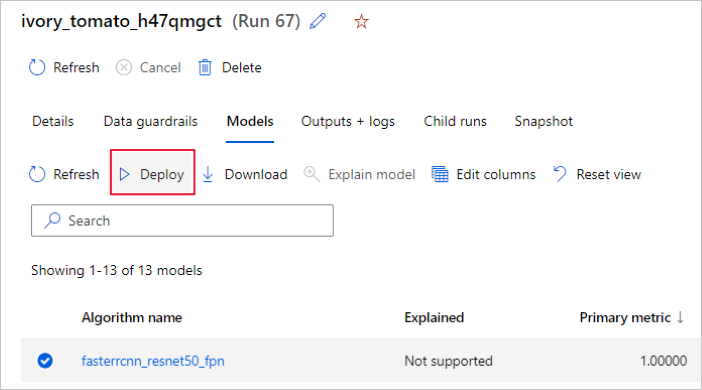 Select model from the automl runs in studio UI  