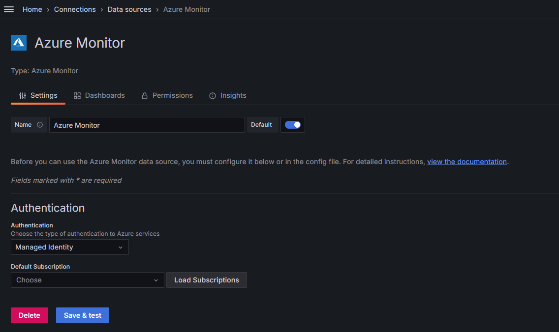 Screenshot of the Managed Grafana workspace: Load subscriptions.