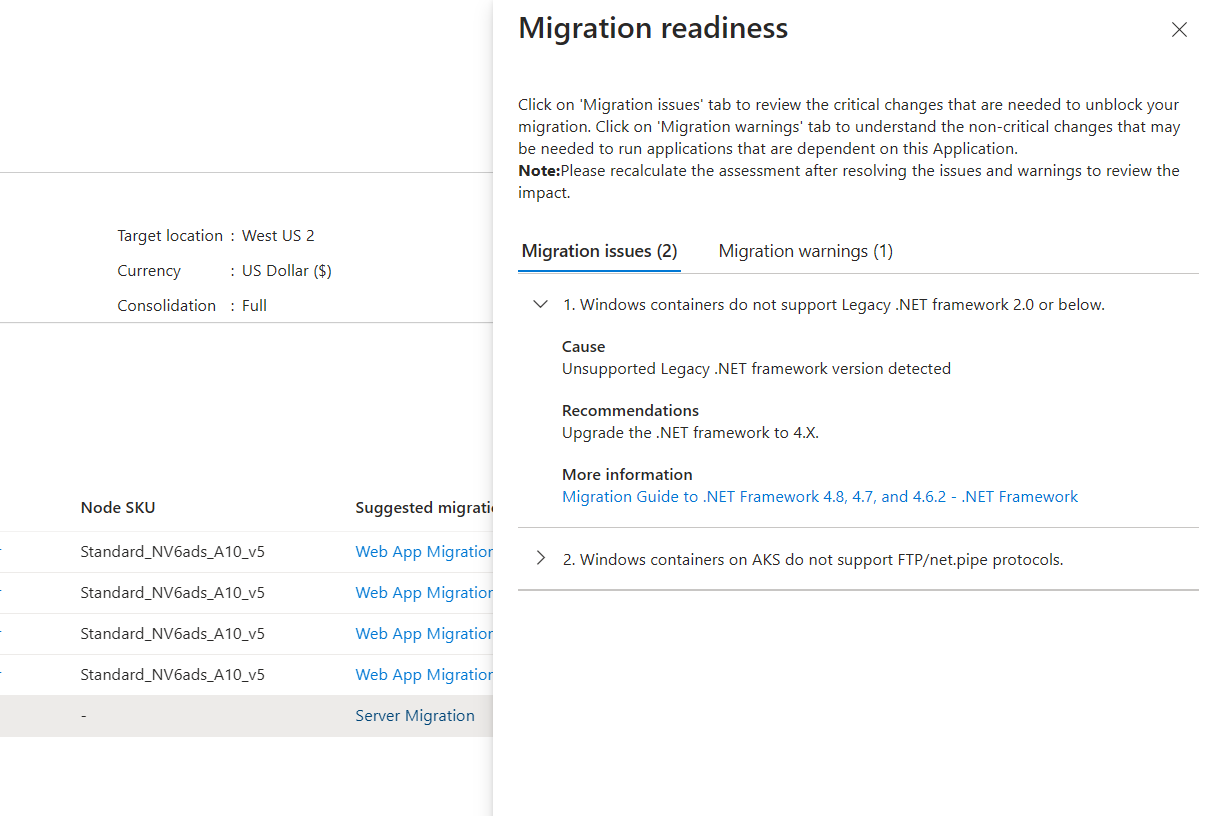 Screenshot of the readiness errors and warnings for a web app.