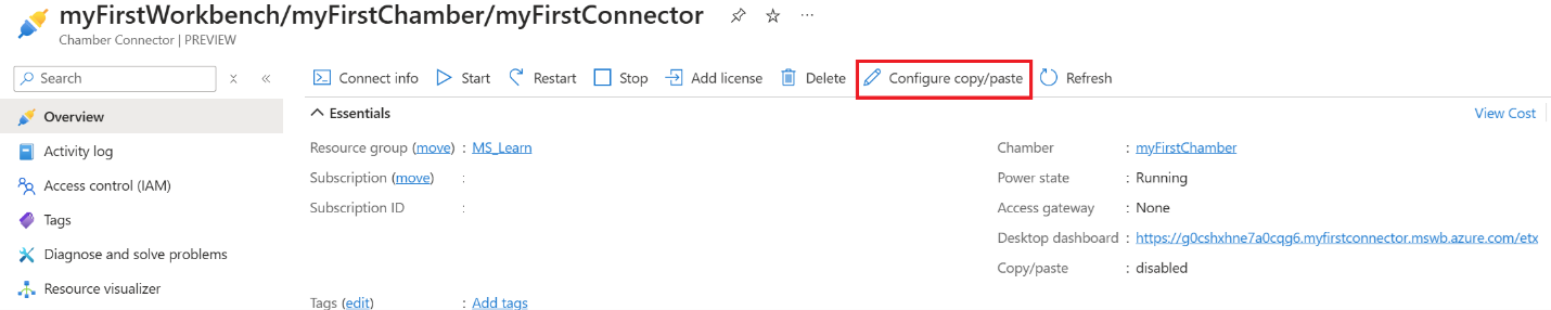 Screenshot of connector overview with copy/paste configuration button highlighted in red.