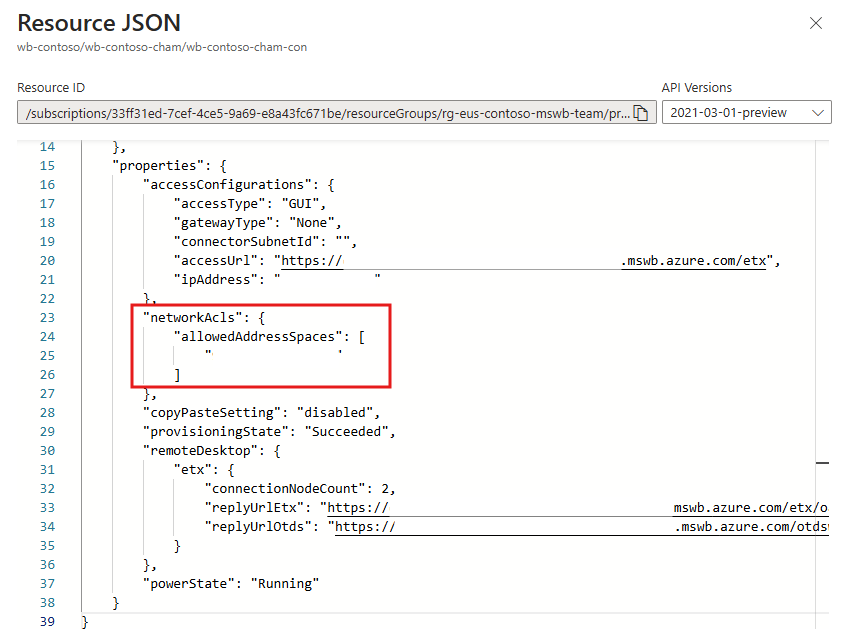 Screenshot of resource JSON page of the connector with the networkAcls clause highlighted in red.