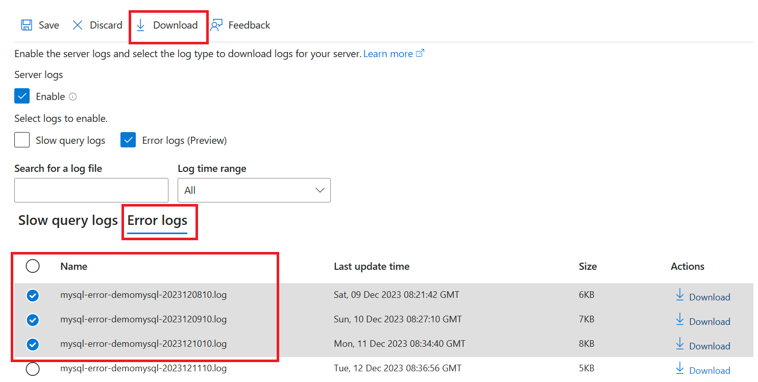 Screenshot of portal view showing Error Logs - Multiple Downloads.