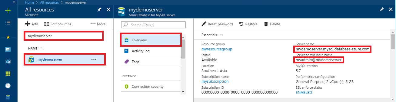 Screenshot of the Azure Database for MySQL Flexible Server instance connection information in the Azure portal.