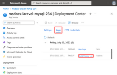 A screenshot showing how to open deployment logs in the deployment center.