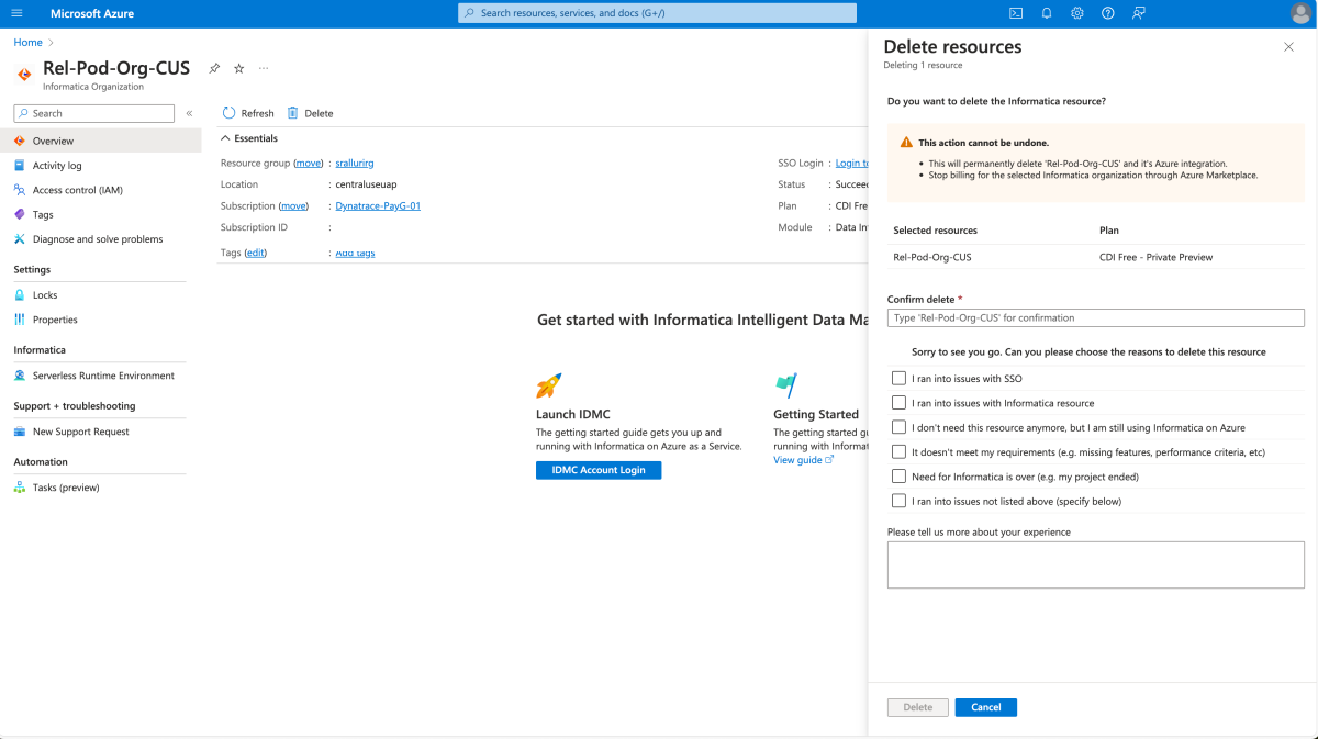 Screenshot showing the final confirmation of delete for an Informatica resource.