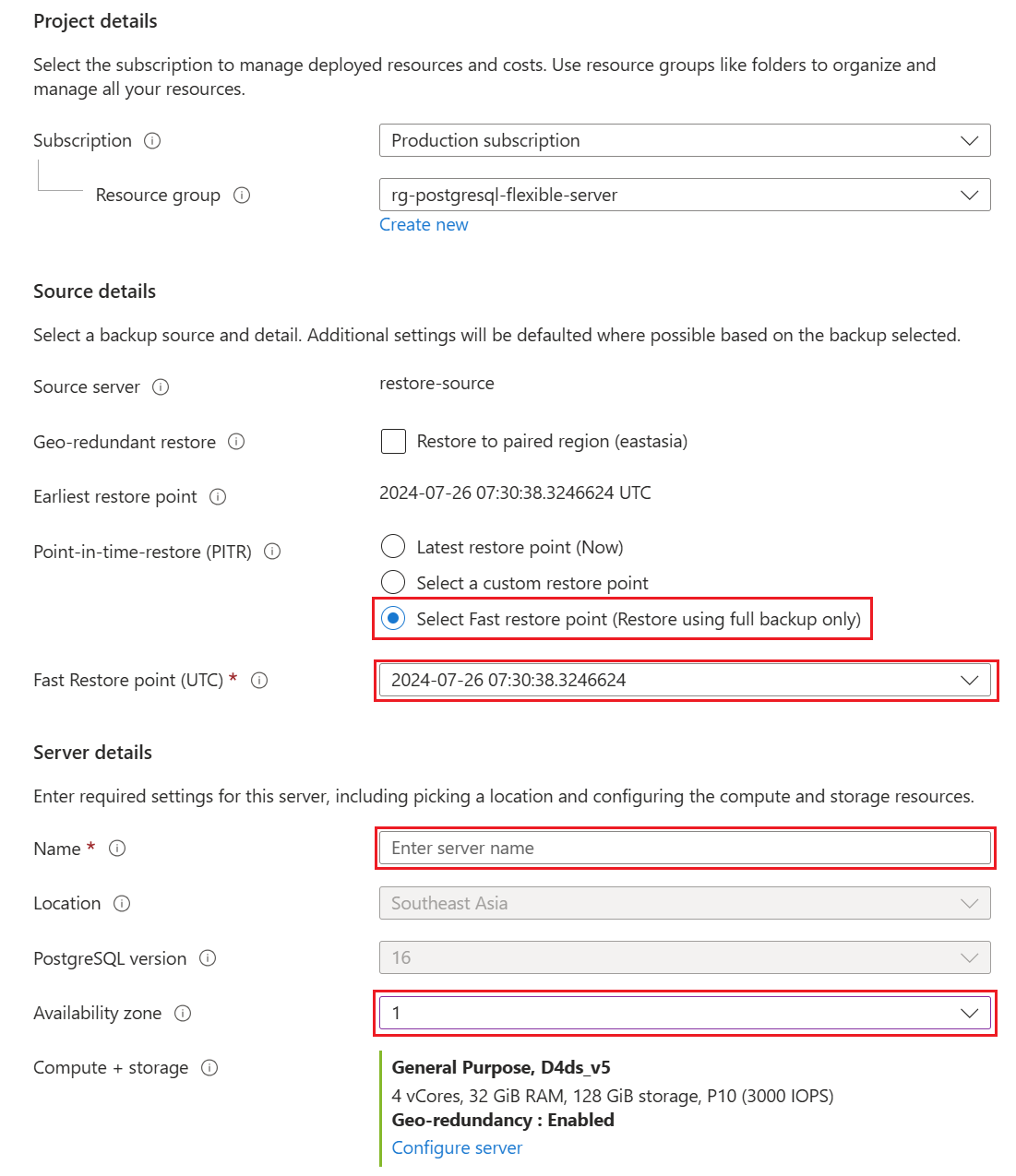 Screenshot that shows selections for a fast restore point.