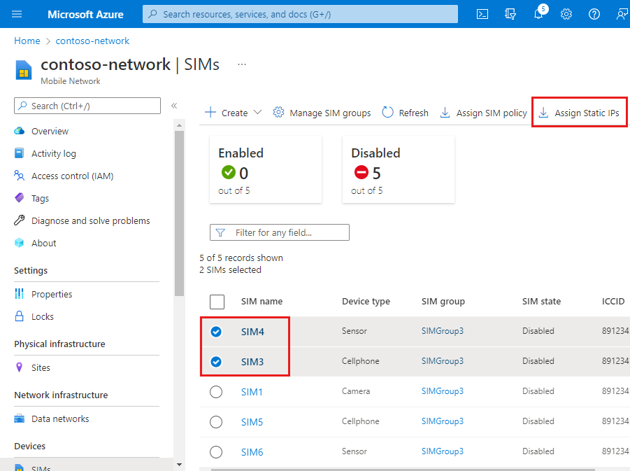 Screenshot of the Azure portal showing a list of provisioned SIMs. Selected SIMs and the Assign Static IPs button are highlighted.