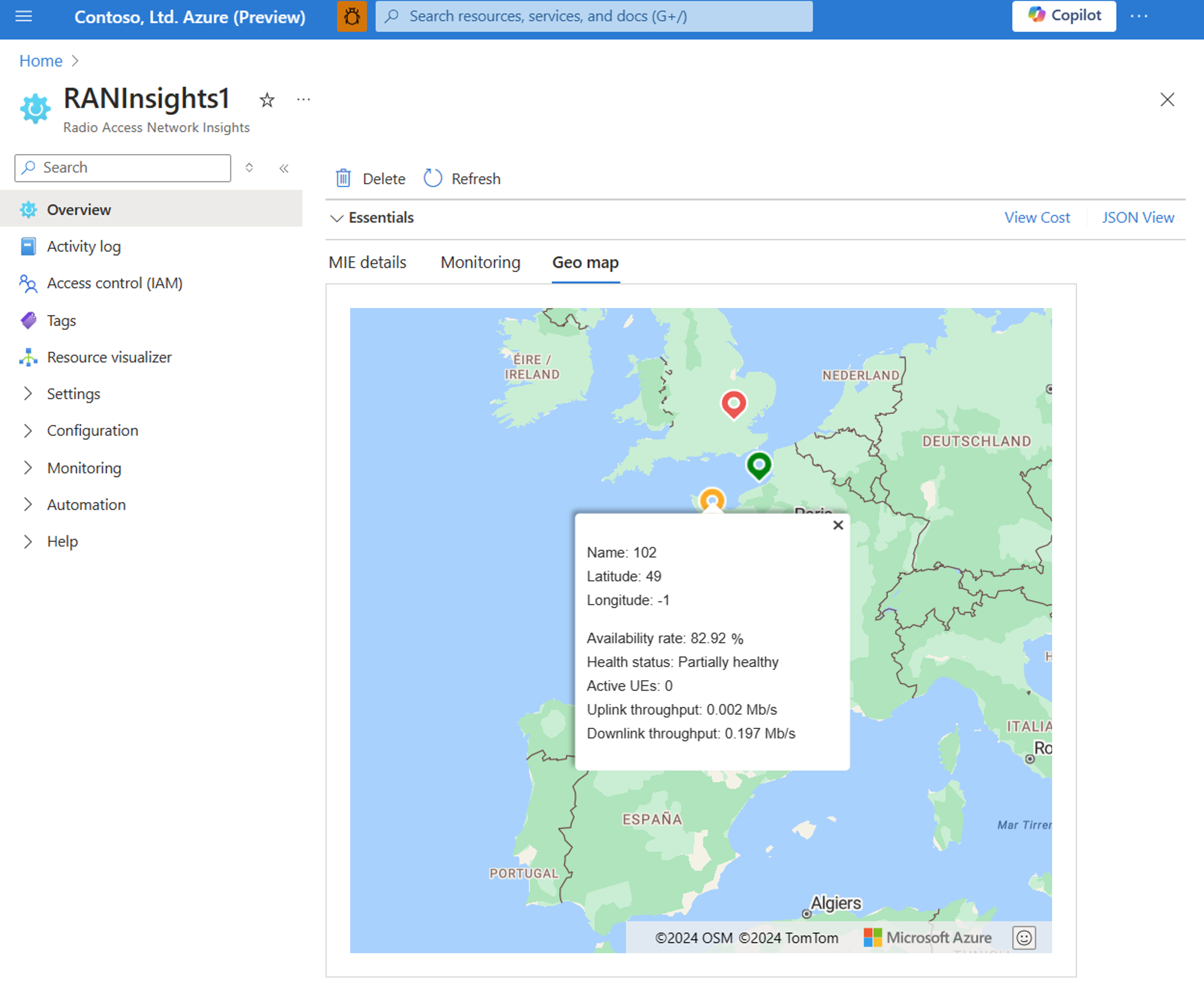 Screenshot of the Azure portal showing creating a RAN insight resource orange pin on geo map.