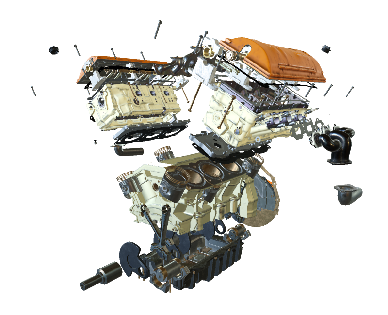 Diagram that shows an example of rendered high-quality, interactive 3D automobile engine.