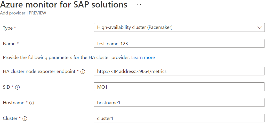 Diagram that shows the setup for an Azure Monitor for SAP solutions resource, showing the fields for SUSE-based clusters.