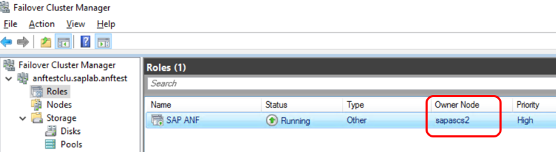 Figure 2: Windows Server failover cluster resources running on node B after the failover test