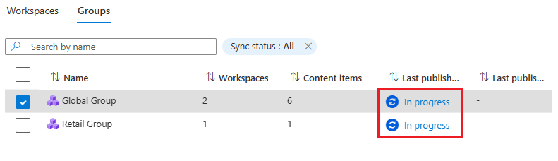 Screenshot shows the multi group publishing progress column.