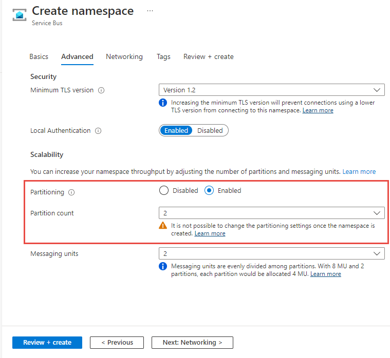 Screenshot of screen where partitioning is enabled at the time of the namespace creation.