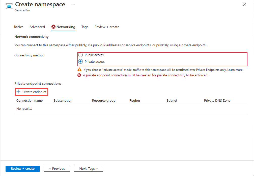 Screenshot showing the Networking page of the Create namespace wizard with Private access option selected.