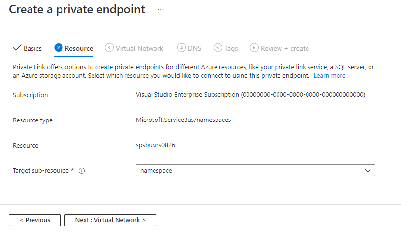 Screenshot showing the Resource page of the Create private endpoint wizard.