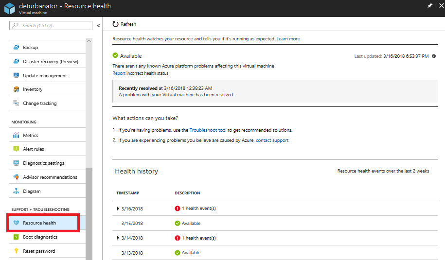 Opening Resource Health from the resource view