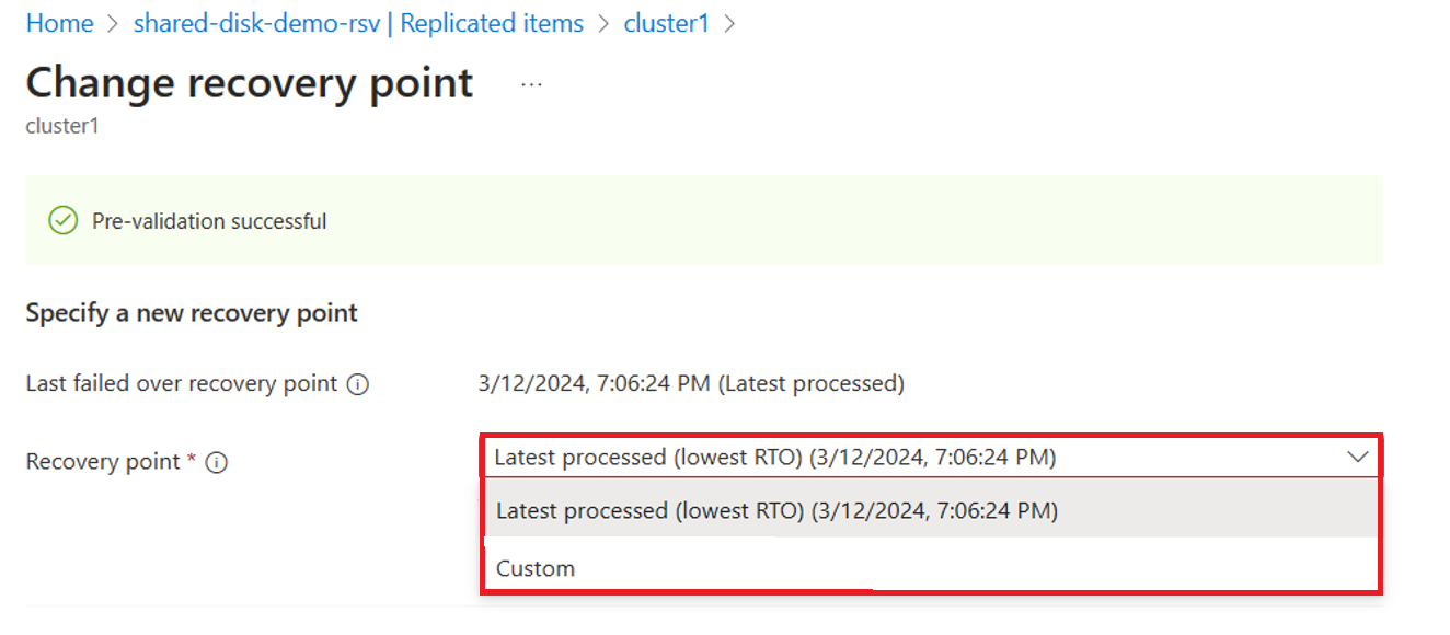 Screenshot showing Change Recovery Point.