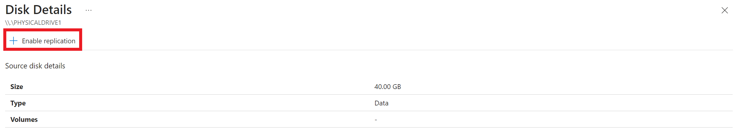 Screenshot of the disk to enable replication.