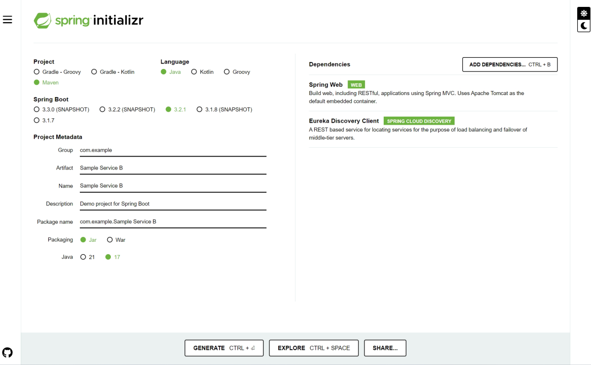 Screenshot of the Spring Initializr page that shows the required settings.