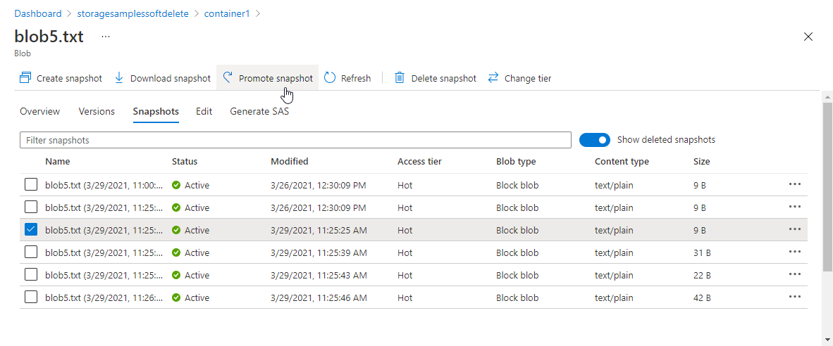 Screenshot showing how to promote a snapshot to the base blob