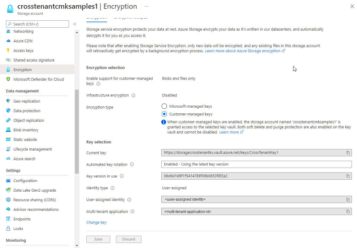 Screenshot showing cross-tenant customer-managed key configuration.