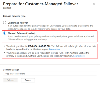 Screenshot showing the planned failover option selected on the Prepare for failover window.