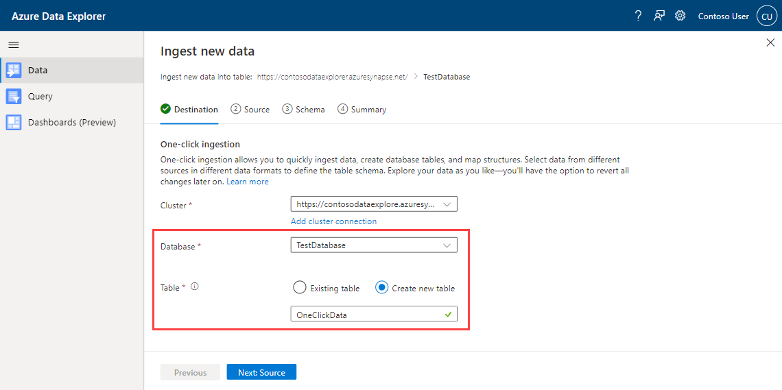 Screenshot of the Azure Data Explorer one-click ingestion wizard, showing the selection of a database and table.