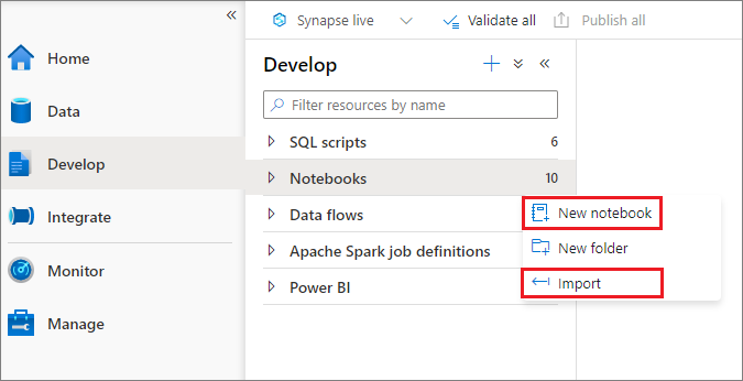 Screenshot of selections for creating or importing a notebook.