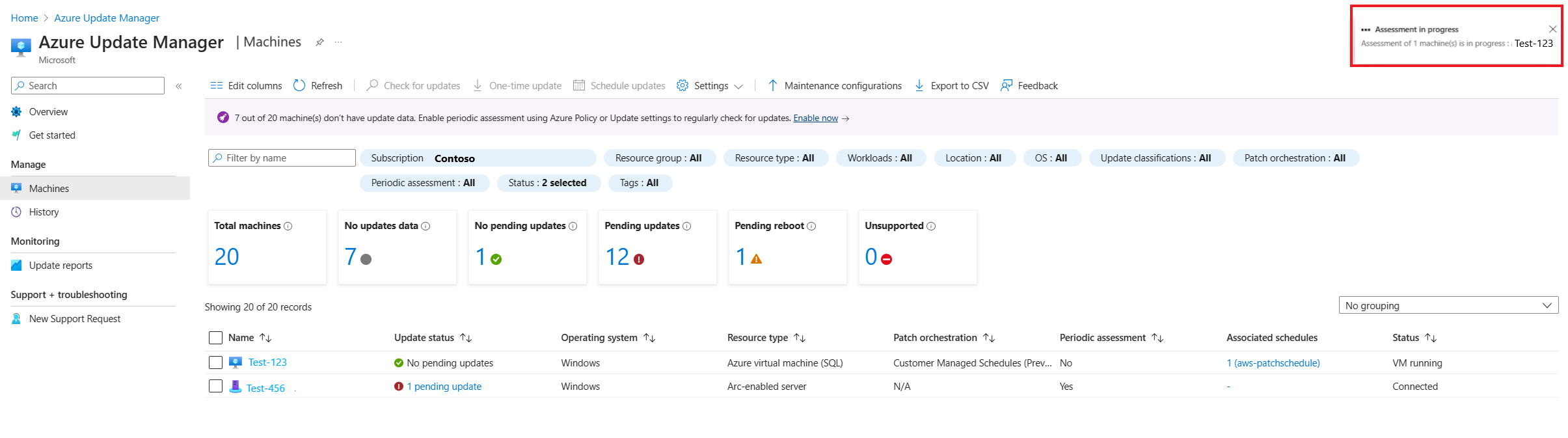 Screenshot that shows initiating a scan assessment for selected machines with the Check for updates option.