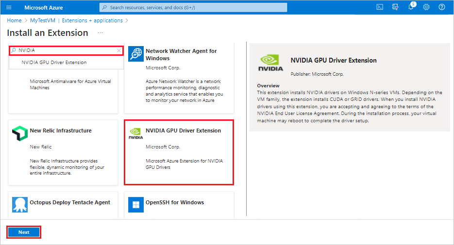 Screenshot that shows how to locate and select the NVIDIA GPU Driver Extension for a virtual machine in the Azure portal.