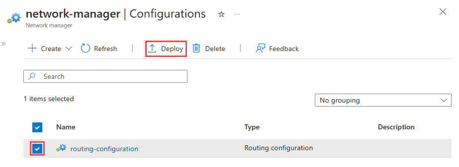 Screenshot of routing configurations with configuration selected and deploy link.