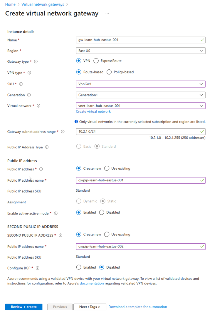 Screenshot of create the virtual network gateway basics tab.