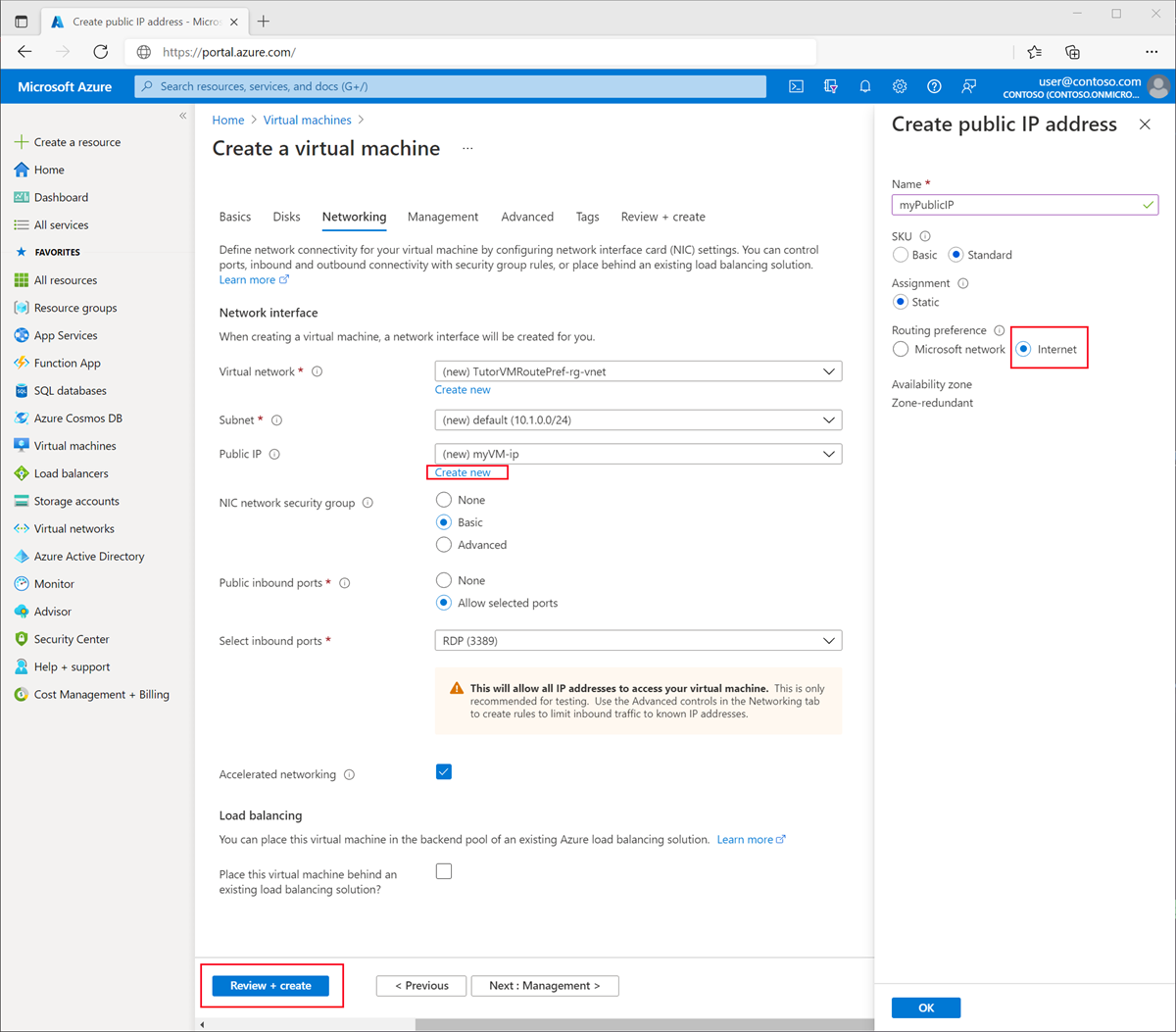 Screenshot of create public IP address.