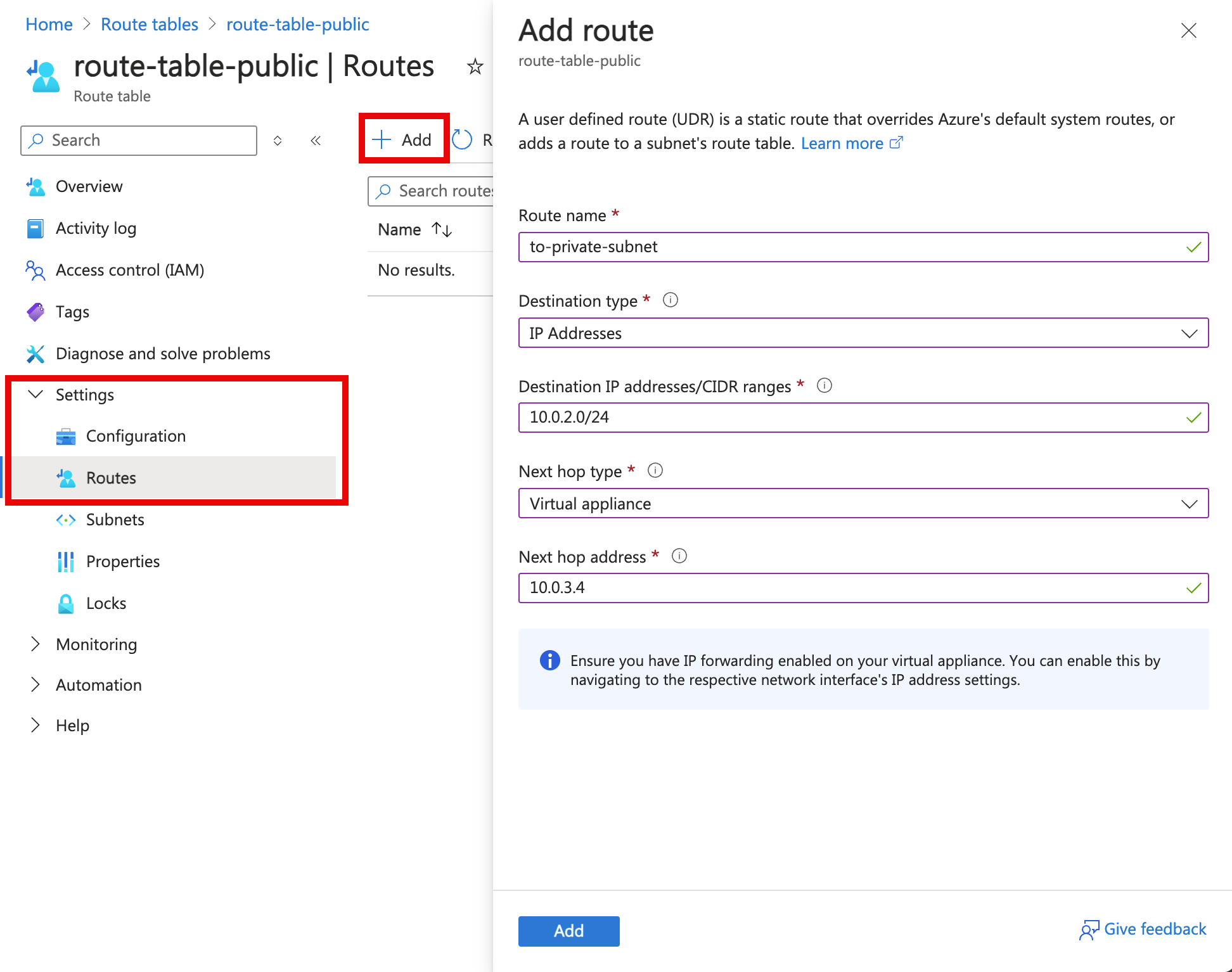 Screenshot of route creation in route table.