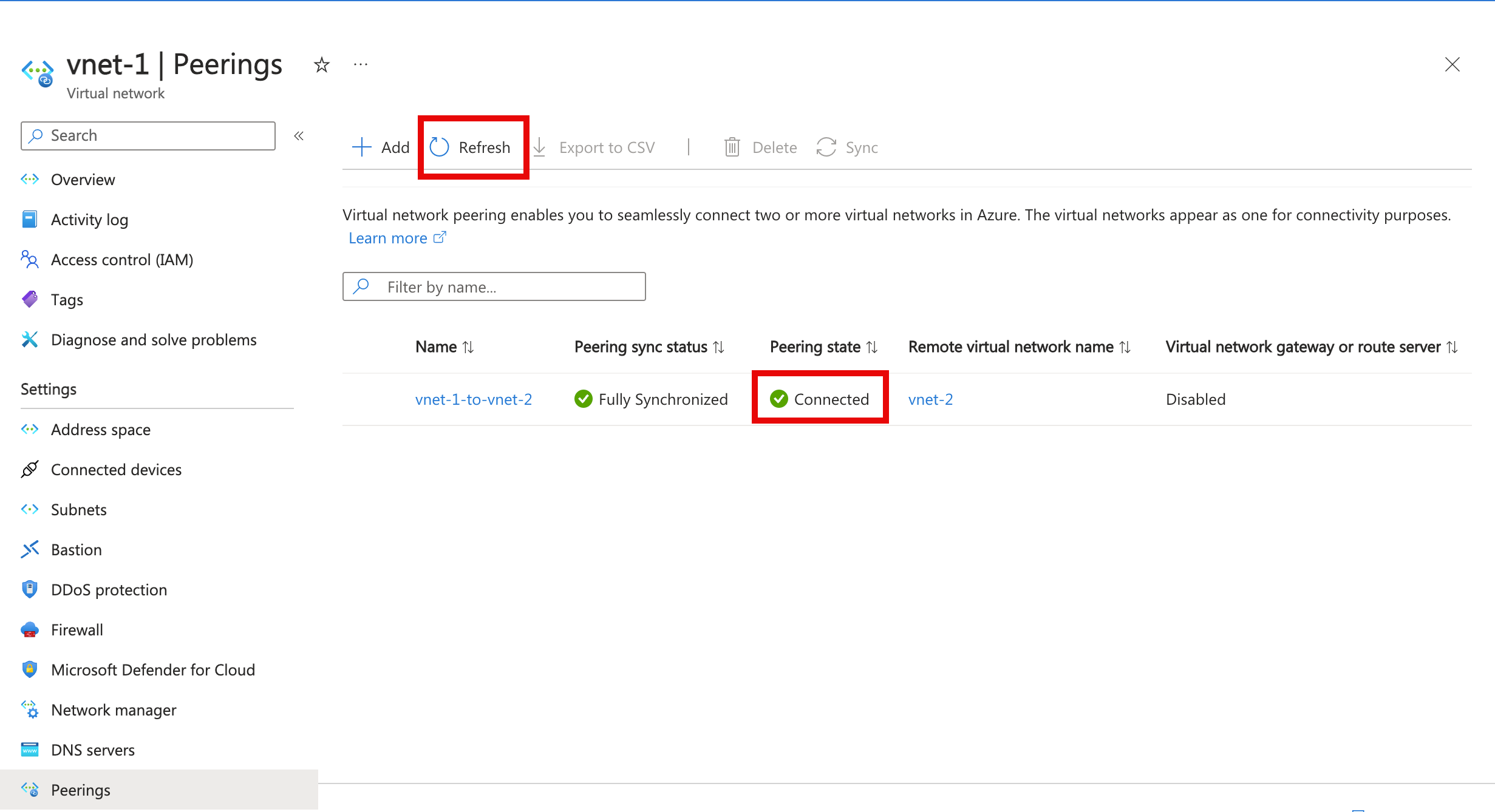 Screenshot of virtual network peering status on peerings page.