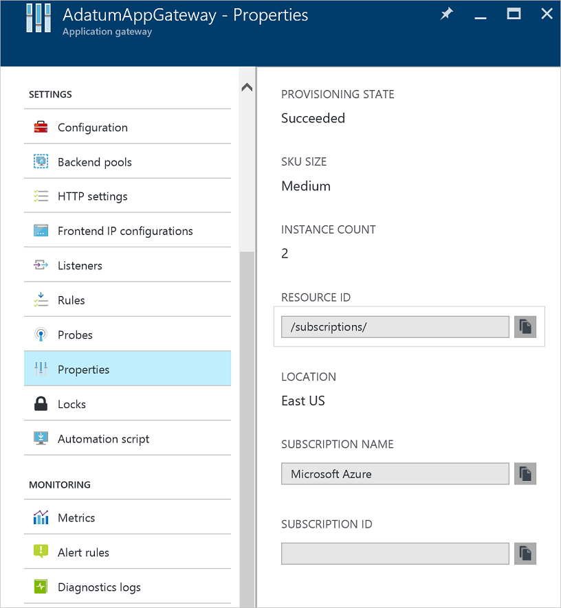 Portal: resource ID for application gateway