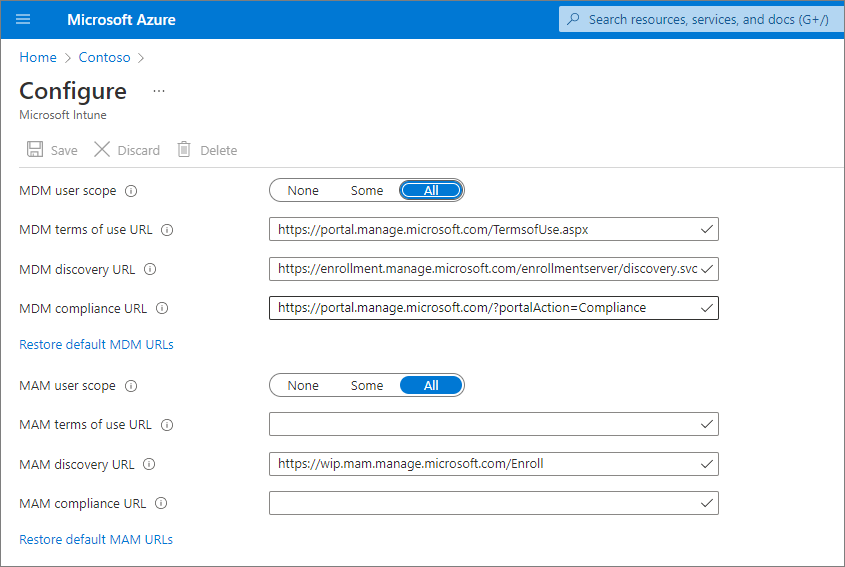 Screenshot of setting MDM user scope and MAM user scope in Intune.