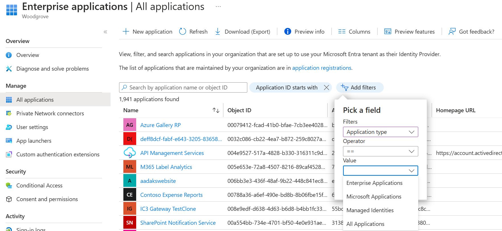 Screenshot of the Managed Identies option under Values, in the Application type column.