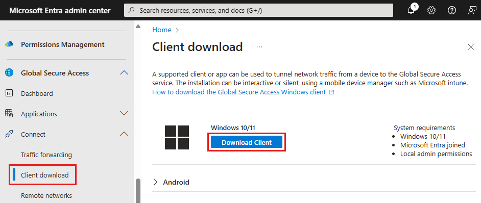 Screenshot of the Client download screen with the Download Client button highlighted.