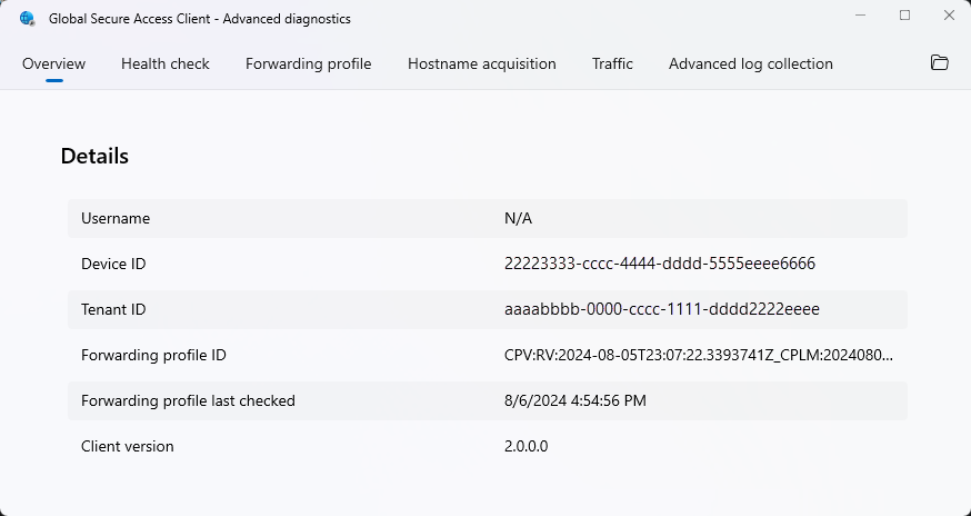 Screenshot showing the Global Secure Access Client - Advanced diagnostics dialog box on the Overview tab.