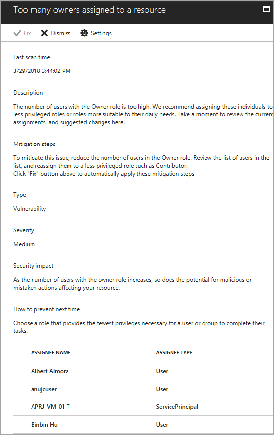 Screenshot of the alert report showing last scan time, description, mitigation steps, type, severity, security impact, and how to prevent next time.