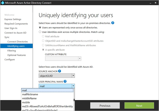 Identifying users screenshot - User Principal Name dropdown