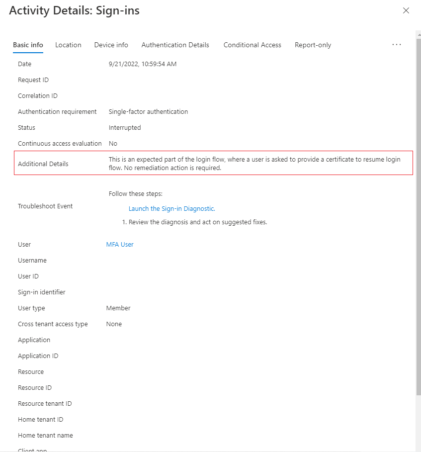 Screenshot of second-factor sign-in details in the sign-in logs.