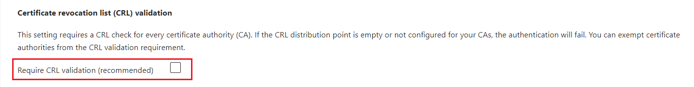 Screenshot of how to require CRL validation.