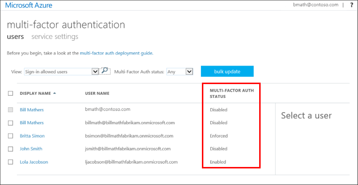 Screenshot that shows example user state information for Microsoft Entra multifactor authentication.