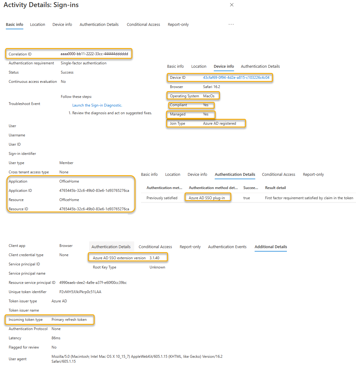 Screenshot showing cross reference in the Microsoft Entra sign-in logs for the Browser SSO Extension.