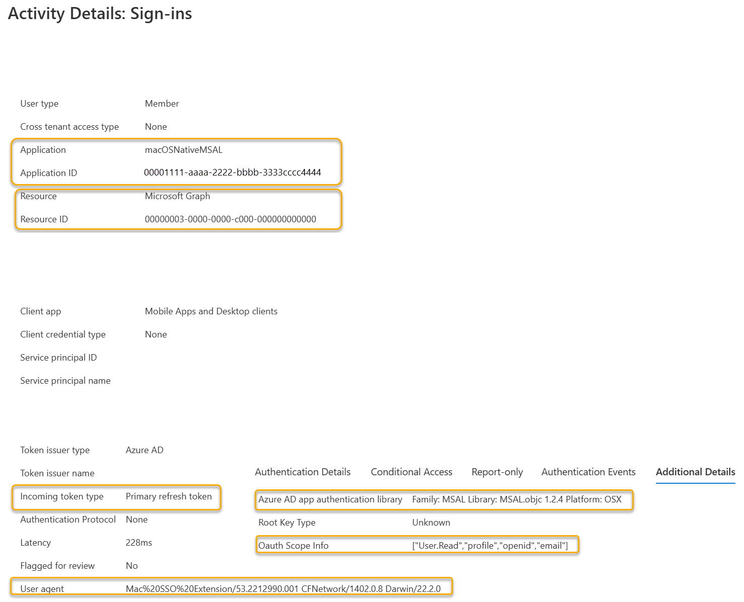 Screenshot showing how the SSO extension uses the PRT to acquire an access token for the Microsoft Graph.