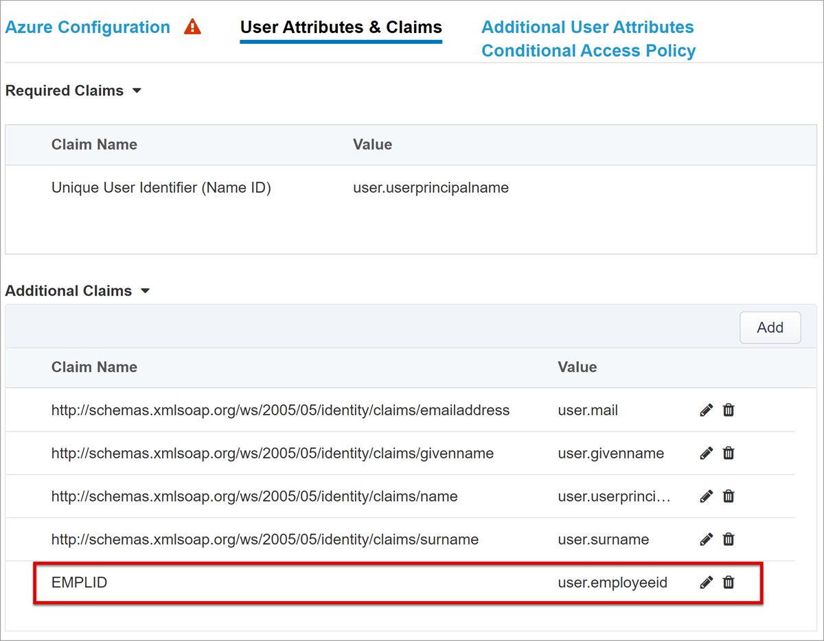 Screenshot of options and selections for User Attributes & Claims.