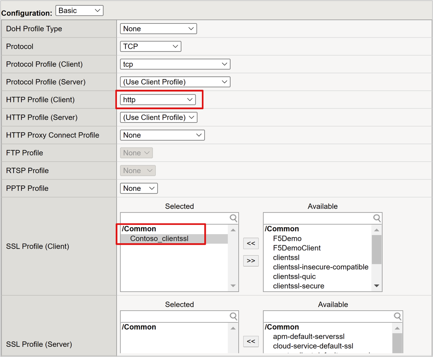 Screenshot of HTTP Profile Client and SSL Profile Client options.