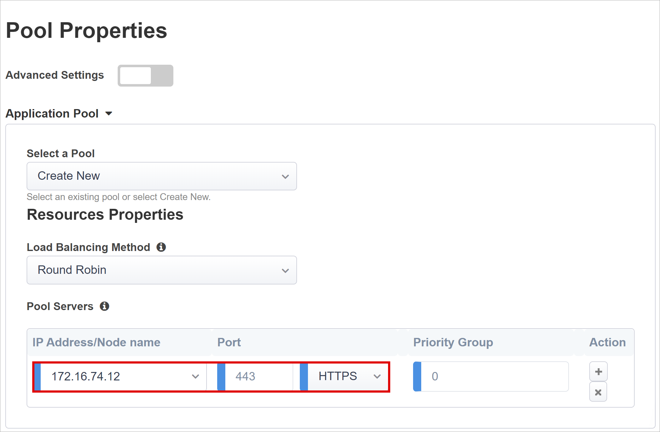 Screenshot of IP Address/Node Name and Port entries under Application Pool, on Pool Properties.